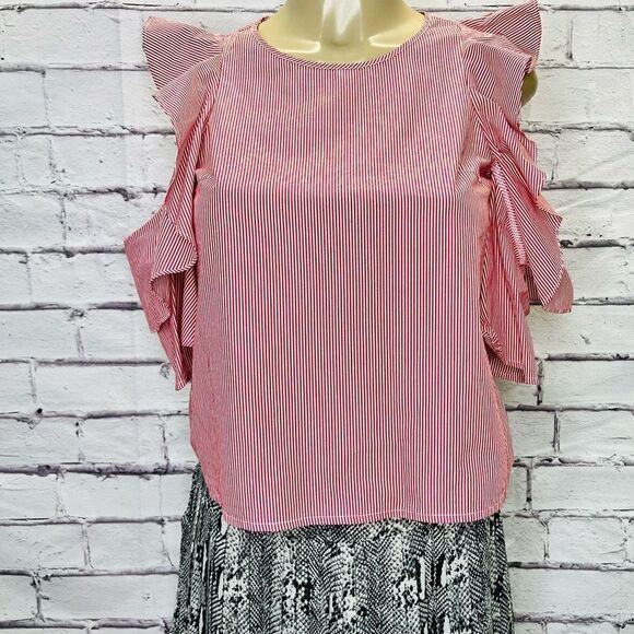 Club Monaco Red White Striped Cold Shoulder Top size XS - Picture 2 of 6